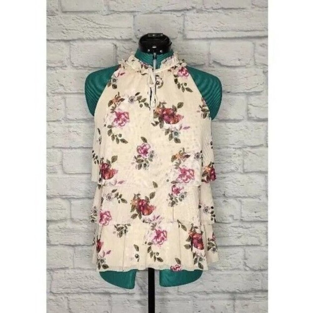 WHITE House Black Market Womens Blouse Pink Floral Sleeveless Keyhole Tiered XS